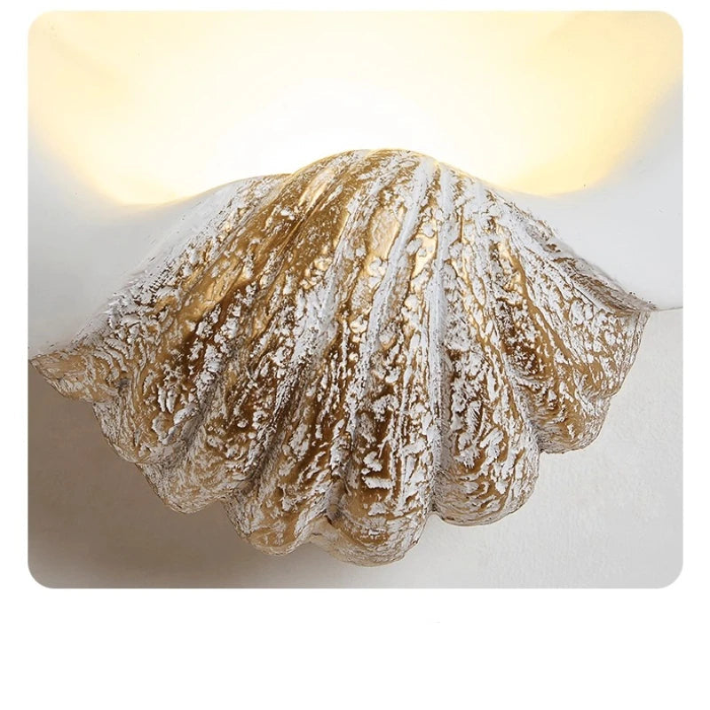 Shell-shaped wall light fixture with a textured surface on a white background