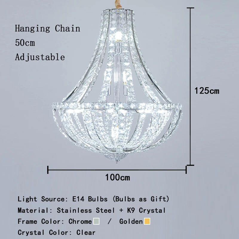 Crystal chandelier with dimensions and material details on a gray background