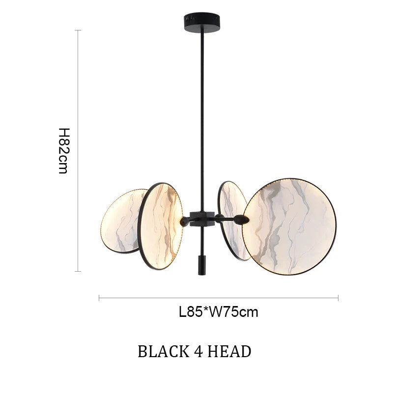 Modern pendant light with black frame and marble-like glass shades, shown with dimensions on a white background.