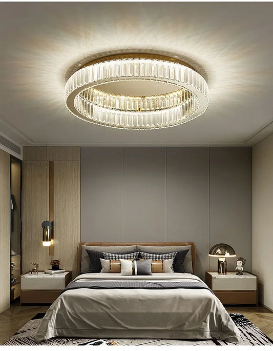 Close-up of the gold ring crystal ceiling light fixture, showcasing the crystal details and light dispersion.