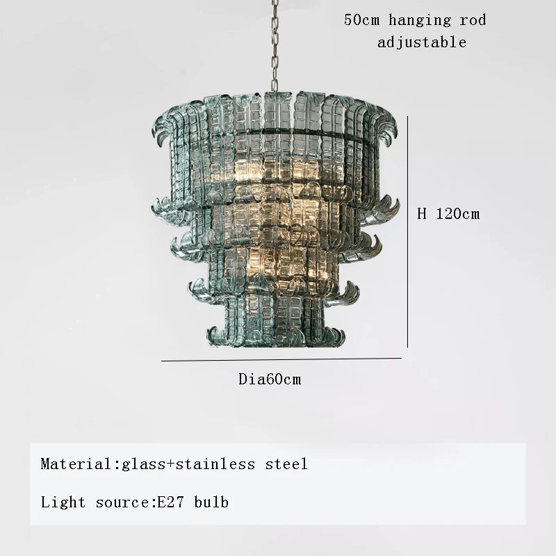 Decorative chandelier with dimensions and material details on a white background