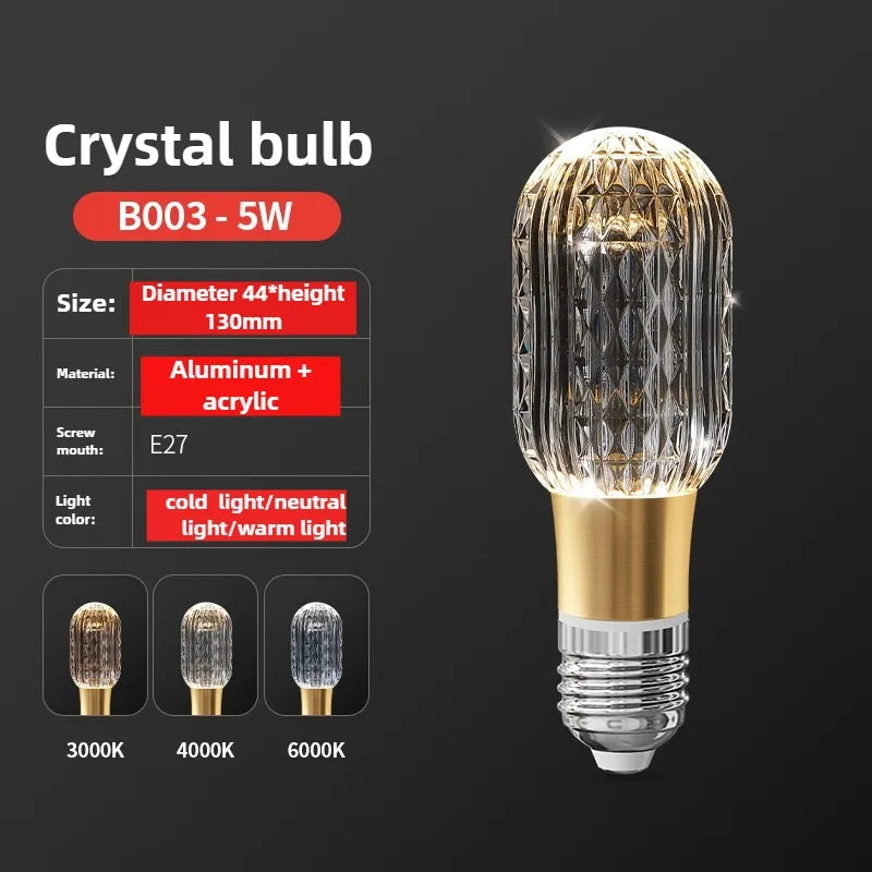 Crystal bulb with specifications on a dark background