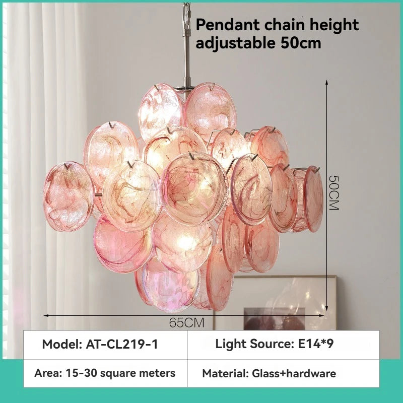 Diagram showing the dimensions of the pink glass disc chandelier, including height and width.
