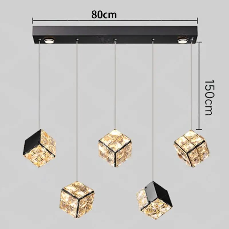 Modern pendant light with crystal cube shades and dimensions on a gray background