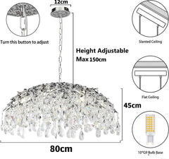 Diagram showing the dimensions and adjustable height feature of the chrome crystal chandelier.