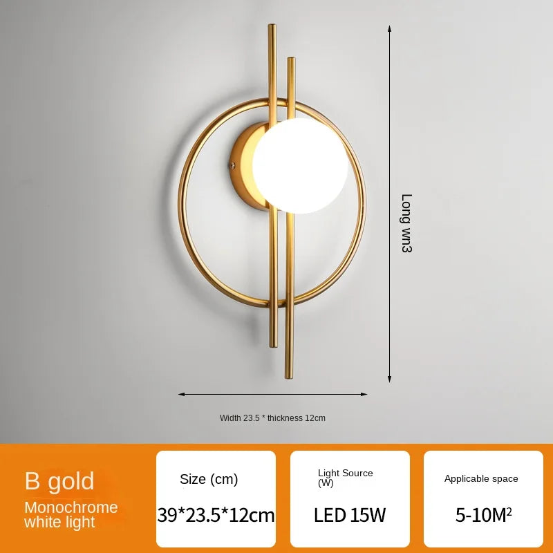Wall-mounted light fixture with gold frame and white bulb on a gray background, featuring dimensions and specifications.