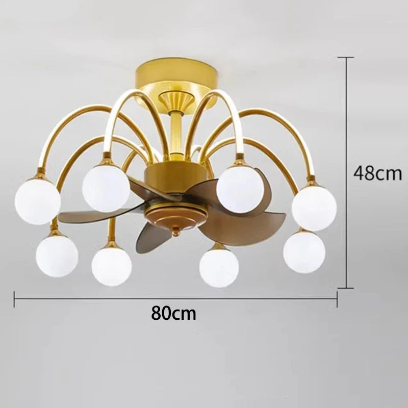 Gold ceiling fan with six white lights on a gray background, showing dimensions.