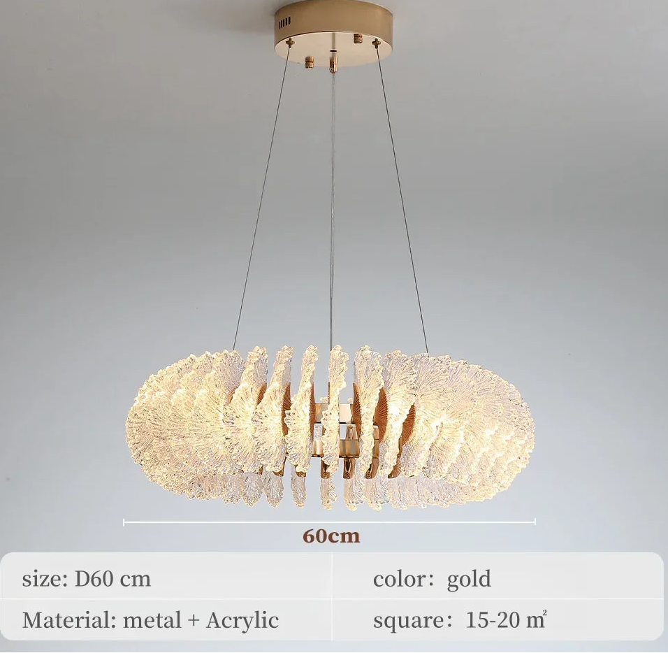 Gold pendant light fixture with dimensions and material details on a gray background
