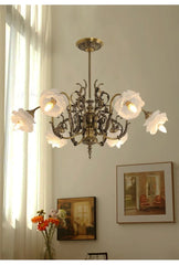Brass Floral Chandelier with Rose Buds and Frosted Glass Bell Shades