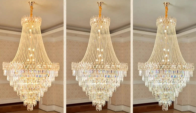 Three identical images of a crystal chandelier hanging from a ceiling.