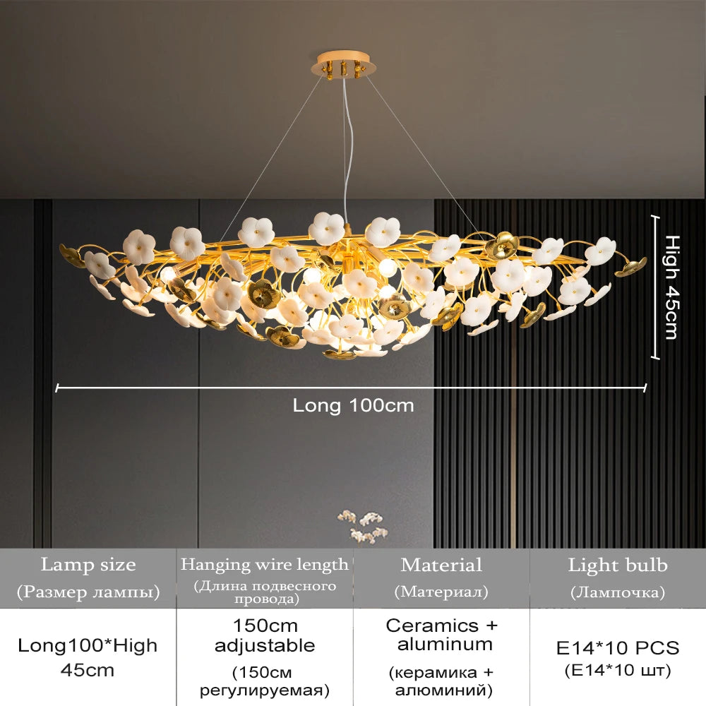 Chandelier with floral design and measurement details on a dark background