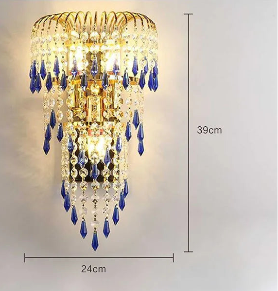 Crystal wall light fixture with dimensions on a gray background