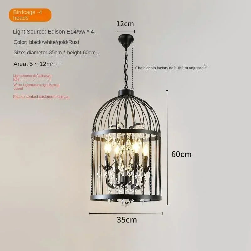Chandelier with birdcage design and dimensions on a light gray background