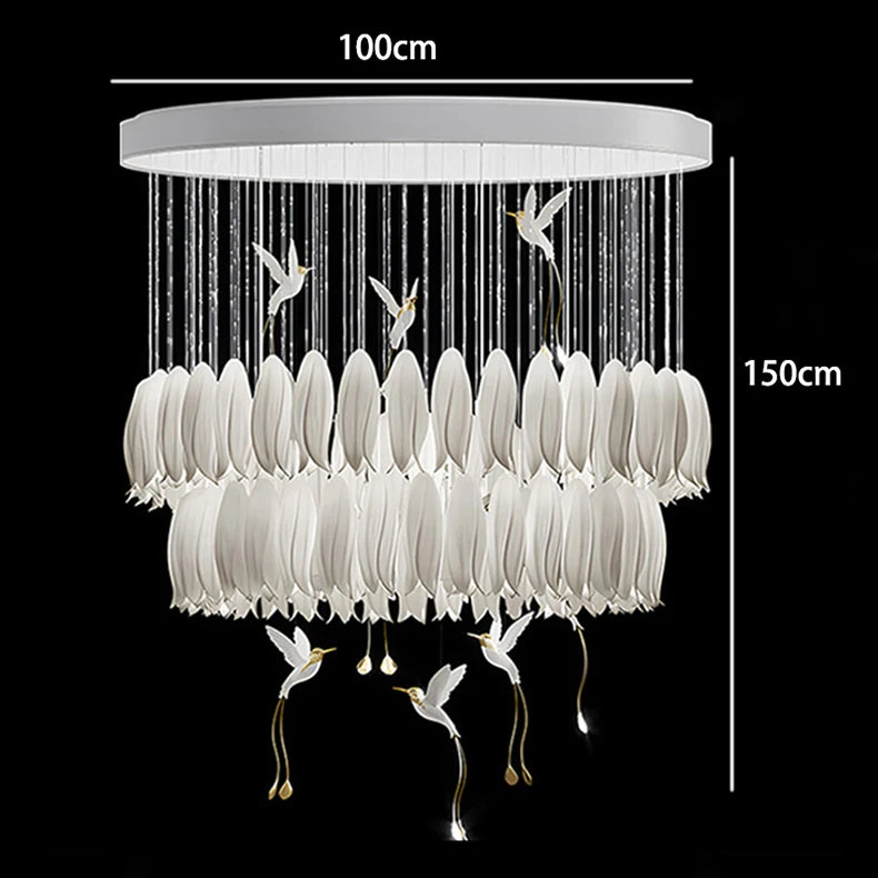Chandelier with decorative elements and measurements on a black background