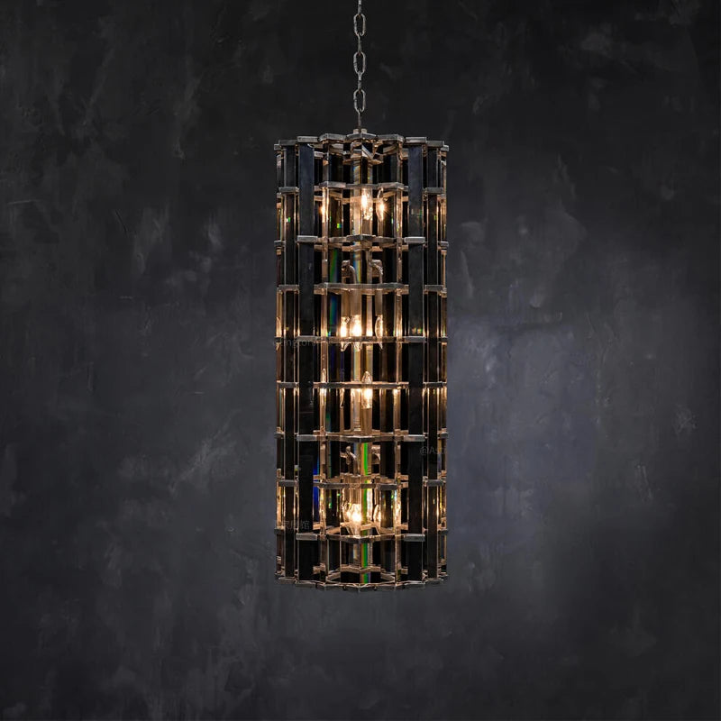 Tall silver framed pendant light with faceted crystal details