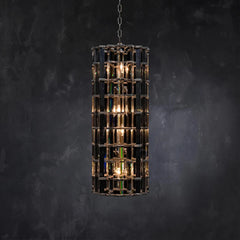 Tall silver framed pendant light with faceted crystal details