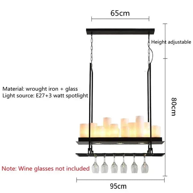 Chandelier with dimensions and material details on a white background