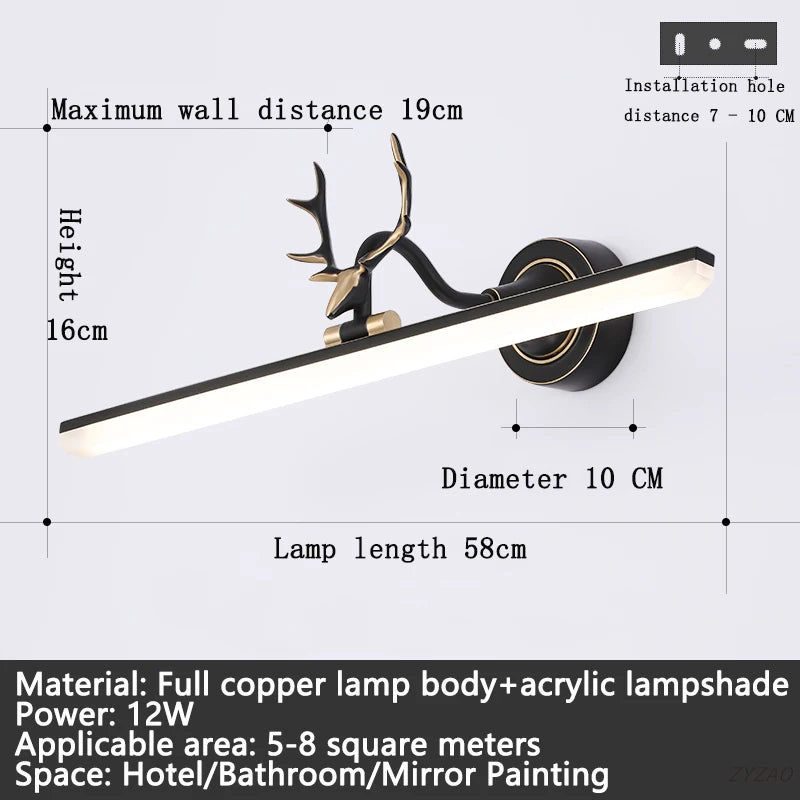 Wall-mounted lamp with deer design and dimensions on a white background