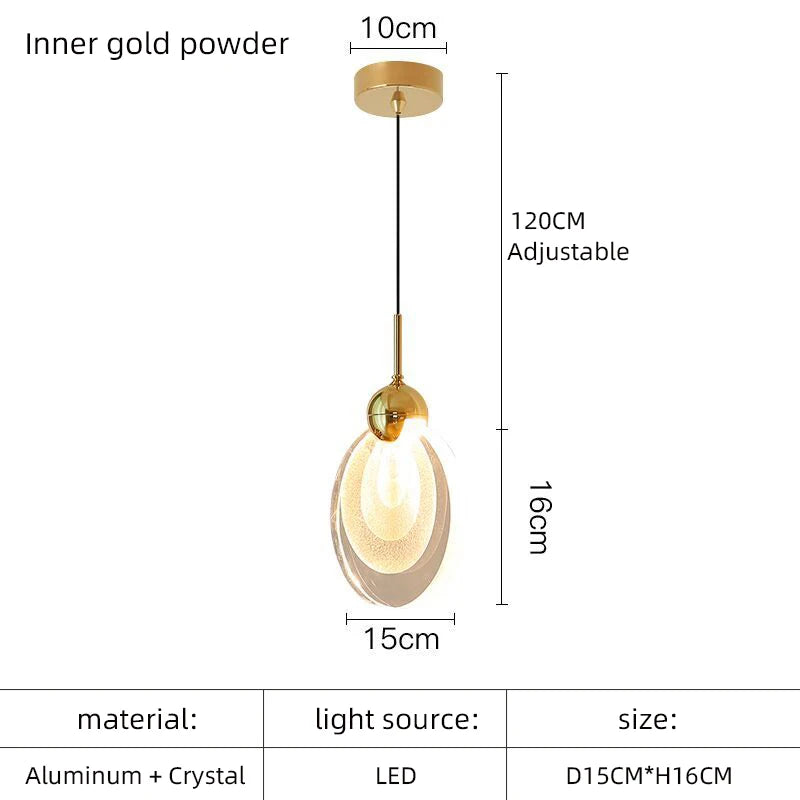 Gold pendant light with measurements and material details on a white background
