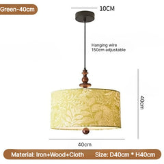 Floral Fabric Drum Pendant Light with Wood Accents