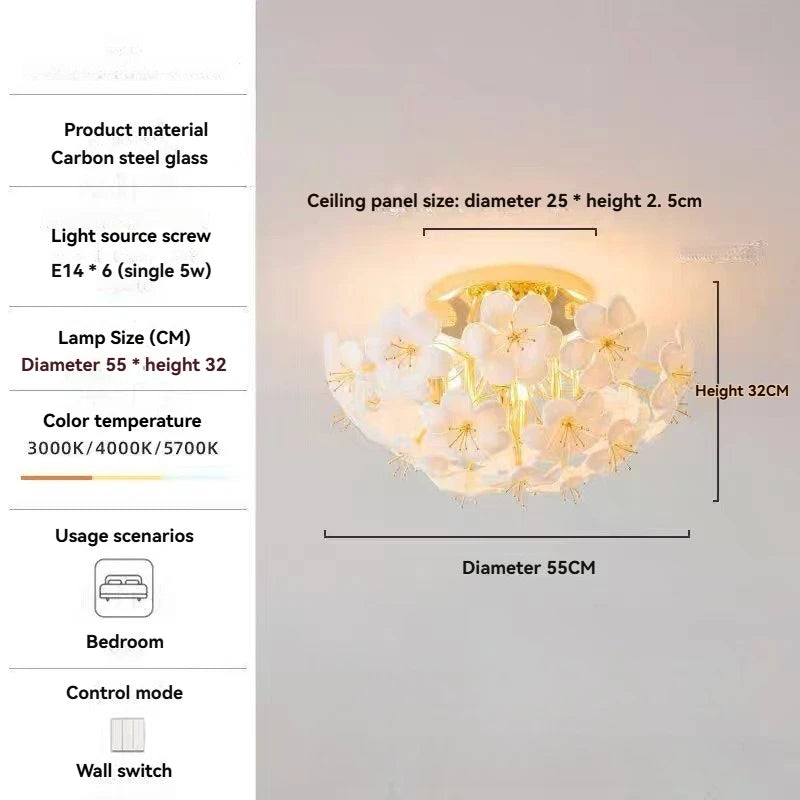 Ceiling light fixture with floral design and technical specifications on the left.