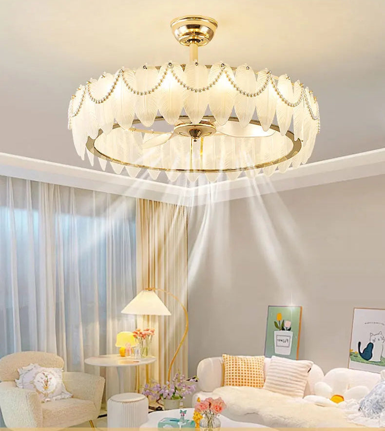 Modern chandelier in a living room setting with soft lighting