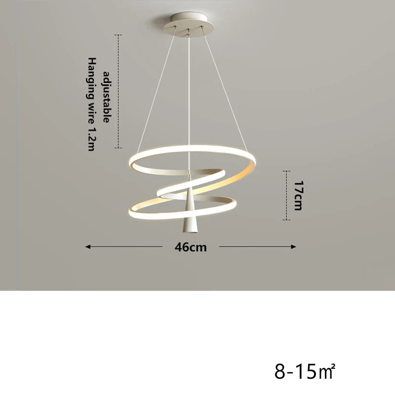 Modern pendant light with dimensions and specifications on a gray background
