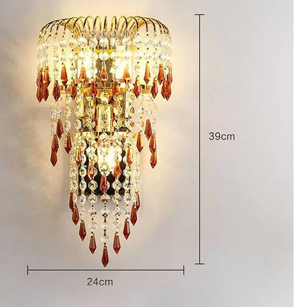 Crystal wall lamp with dimensions on a gray background