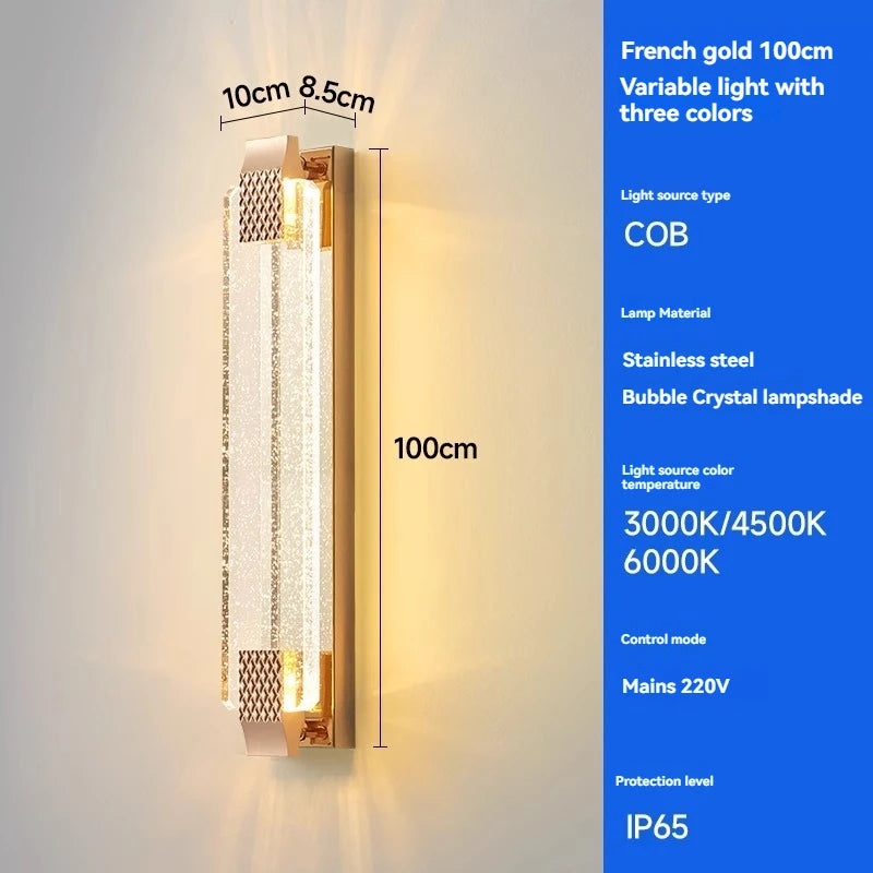 Wall-mounted light fixture with dimensions and technical specifications on a blue background