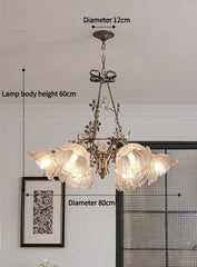 Gold Metal Chandelier with Rose Bud Accents and Frosted Glass Shades