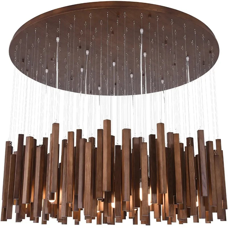 Bottom view of a circular wooden canopy with numerous hanging wooden sticks for a chandelier