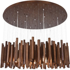 Bottom view of a circular wooden canopy with numerous hanging wooden sticks for a chandelier