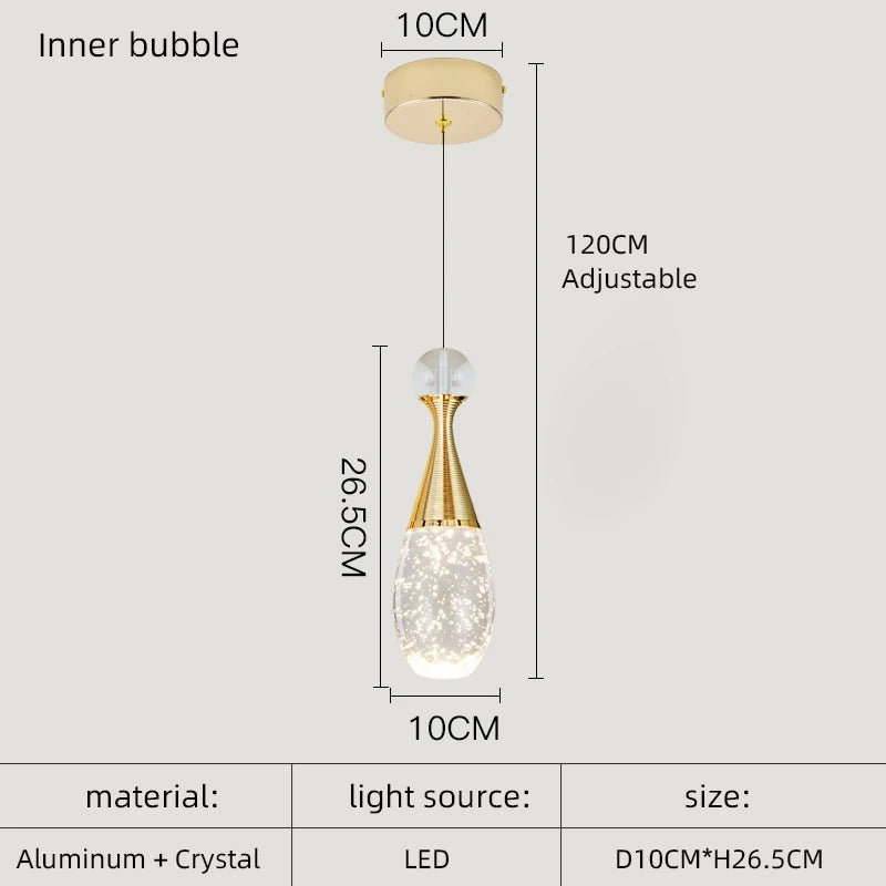 Pendant light with dimensions and material details on a white background