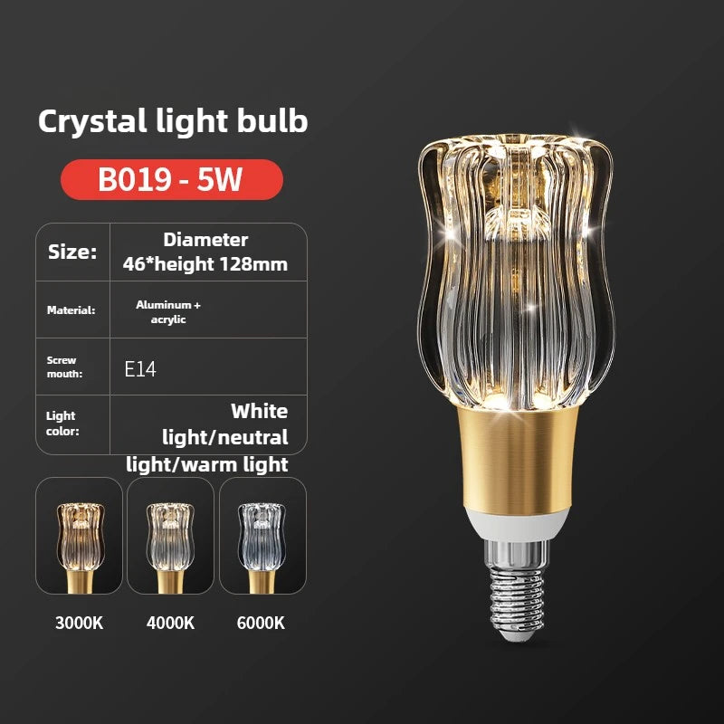 Crystal light bulb with specifications on a dark background