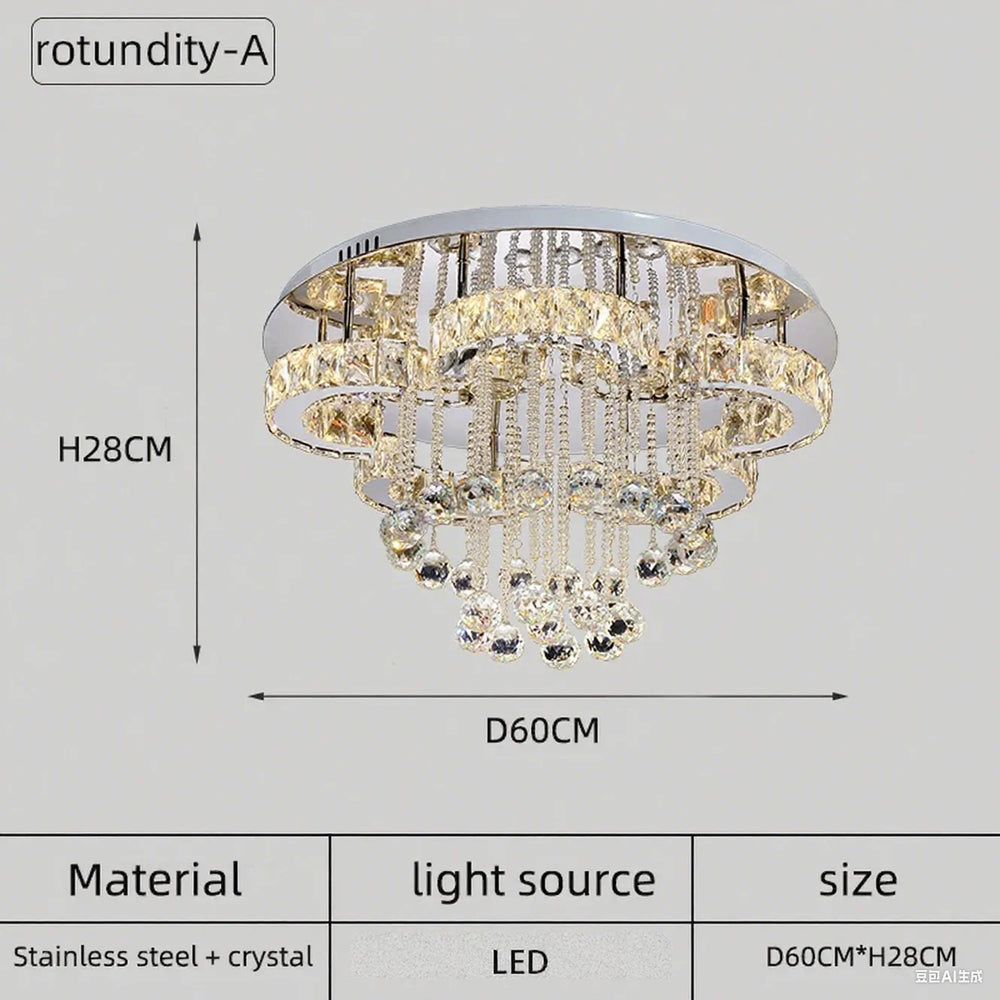 Chandelier with dimensions and material details on a gray background