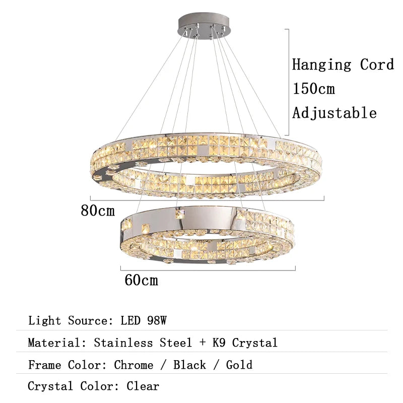 Chandelier with dimensions and material details on a white background