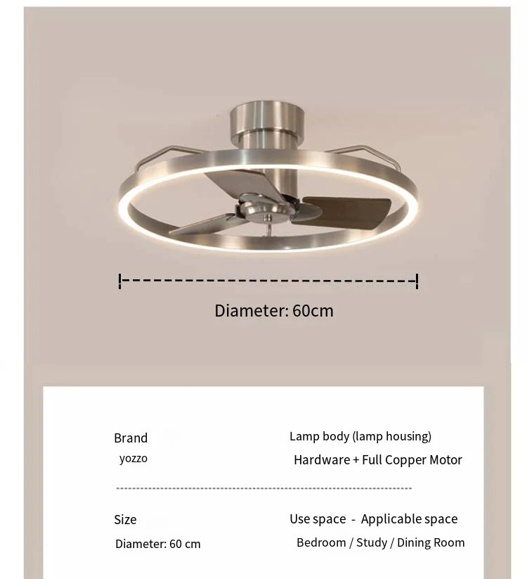 Ceiling fan light with specifications on a gray background