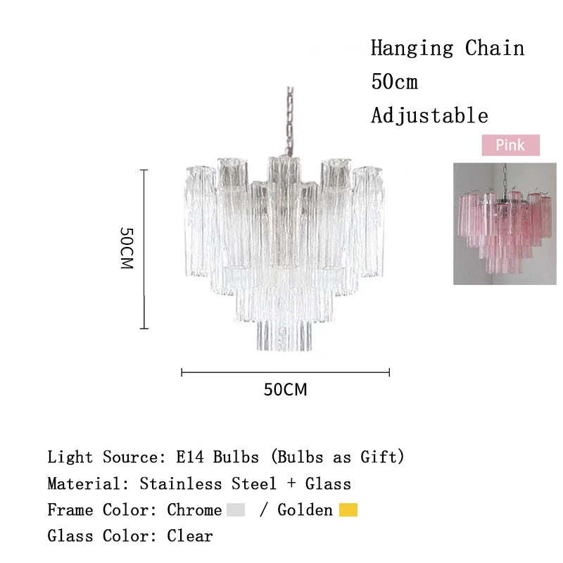 Chandelier with dimensions and material details on a white background