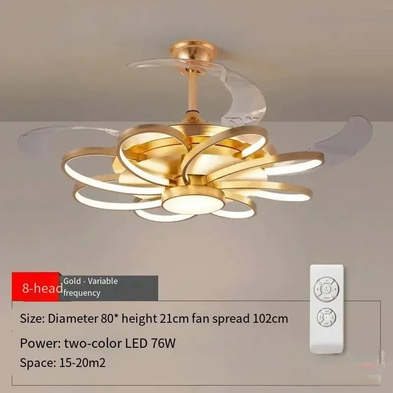 Gold ceiling fan with remote control on a neutral background