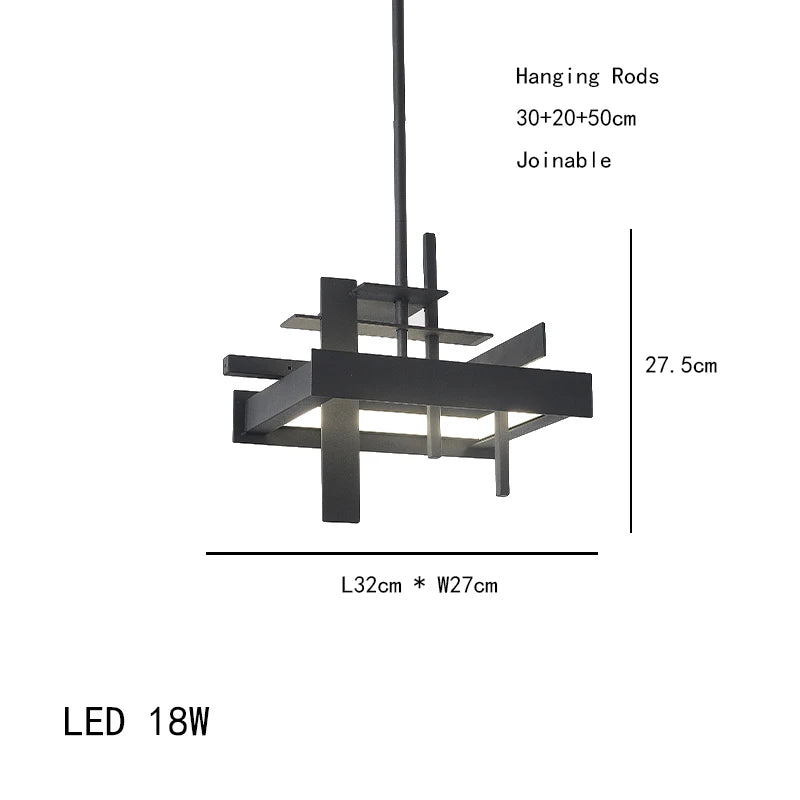 Black modern pendant light with dimensions and LED information on a white background