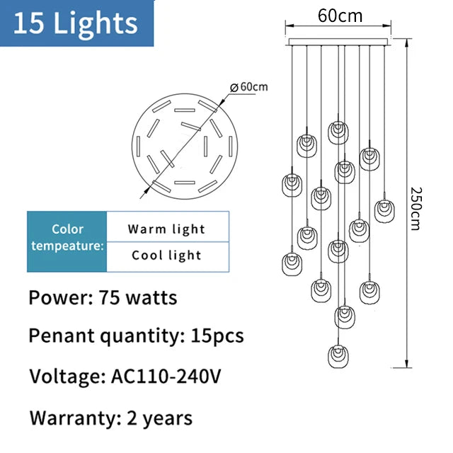 Light fixture with dimensions, power details, and warranty information on a white background