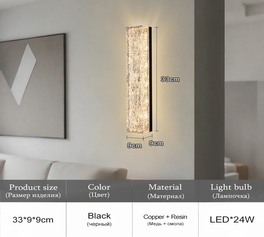 Wall-mounted lamp with dimensions and product details displayed in a room setting.