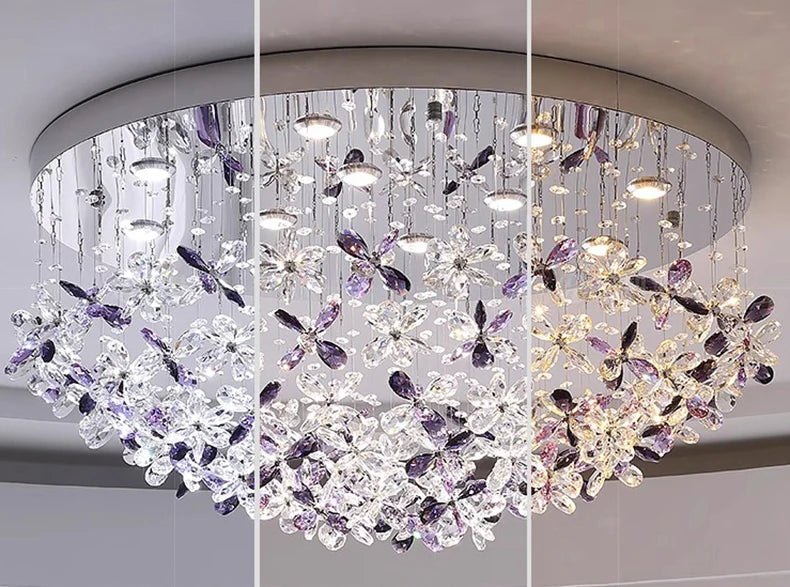 Crystal chandelier with purple accents on a white background
