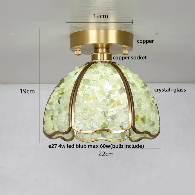 Ceiling light fixture with green crystal glass shade and gold metal frame, showing dimensions and material labels.