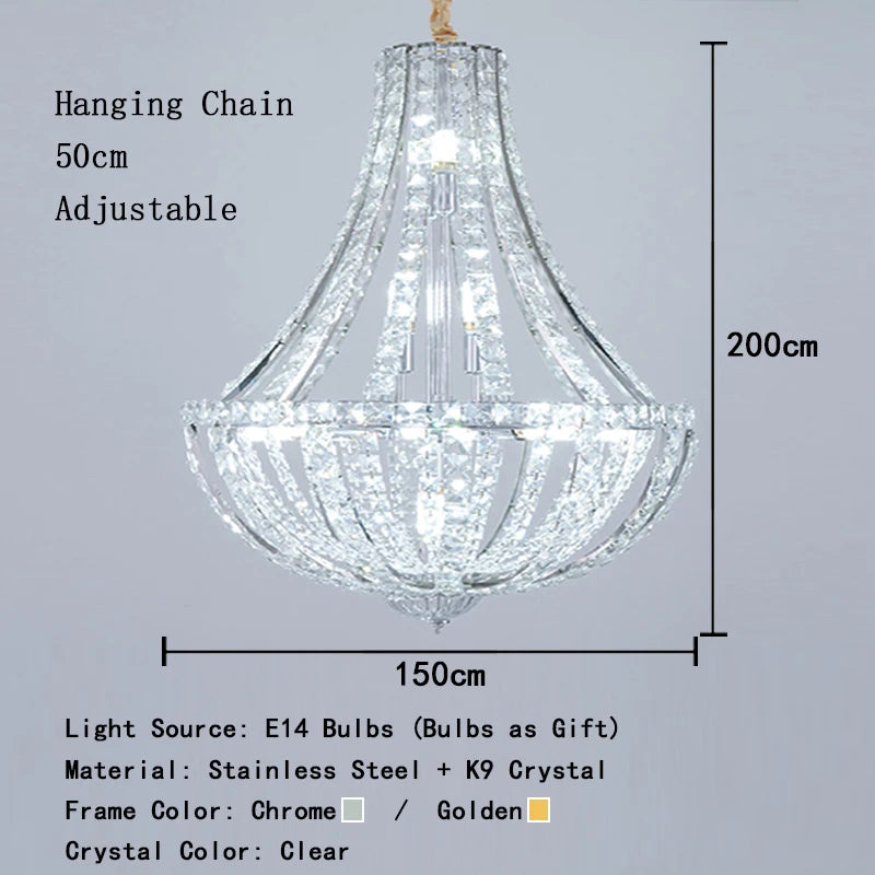 Chandelier with dimensions and material details on a gray background