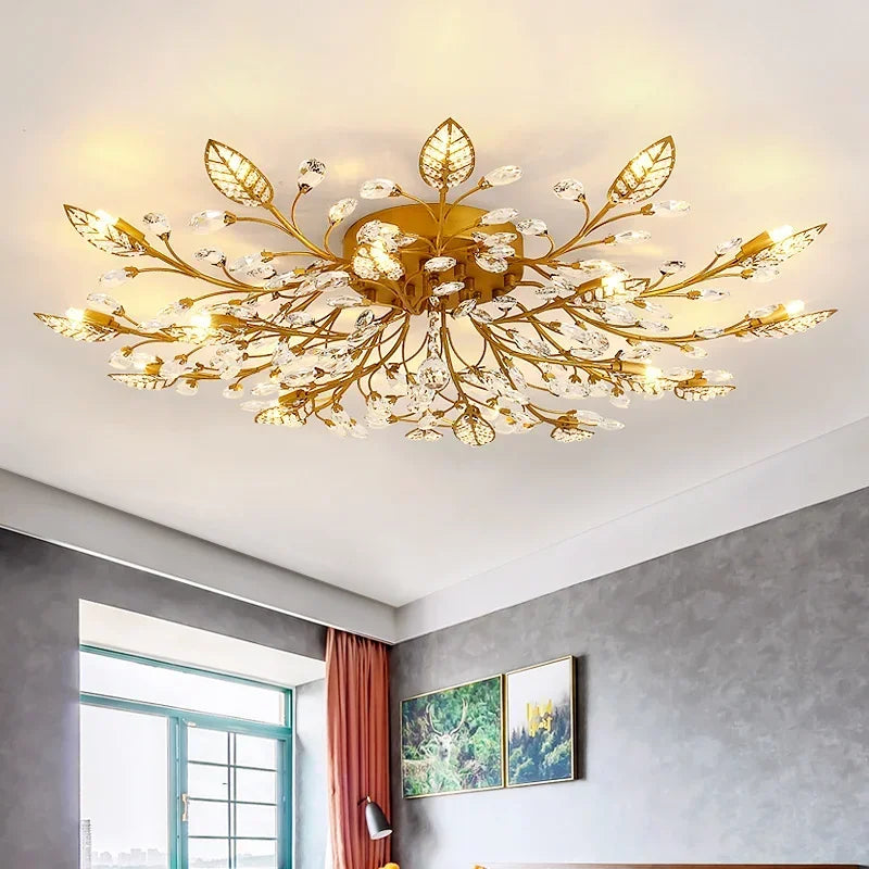 Gold crystal leaf semi-flush ceiling light fixture with warm lighting in a bedroom