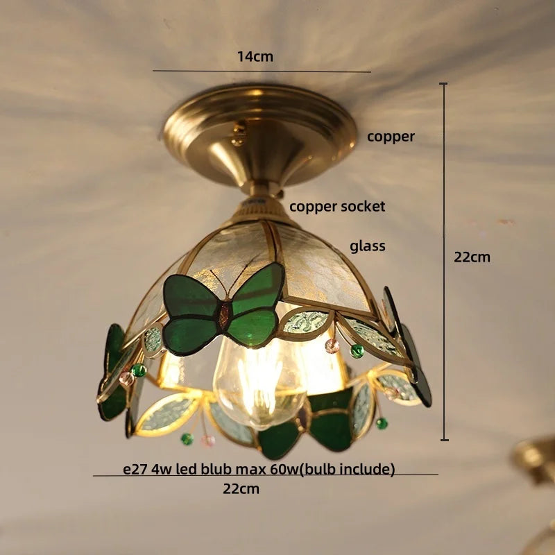 Ceiling light fixture with butterfly design, labeled with dimensions and bulb information.