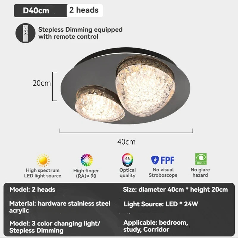 Ceiling light fixture with two heads, dimensions, and features on a white background