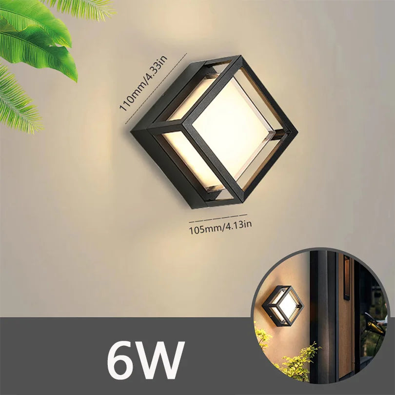 Outdoor wall light fixture with dimensions and 6W rating on a neutral background