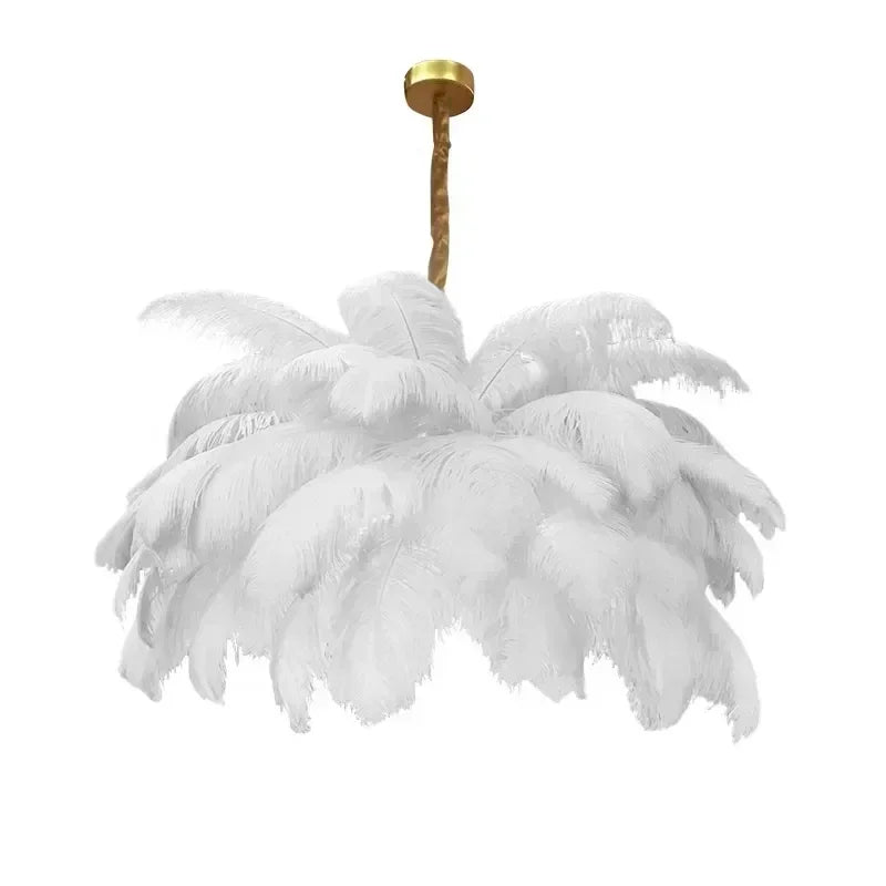 Feathered chandelier with a gold fixture on a white background